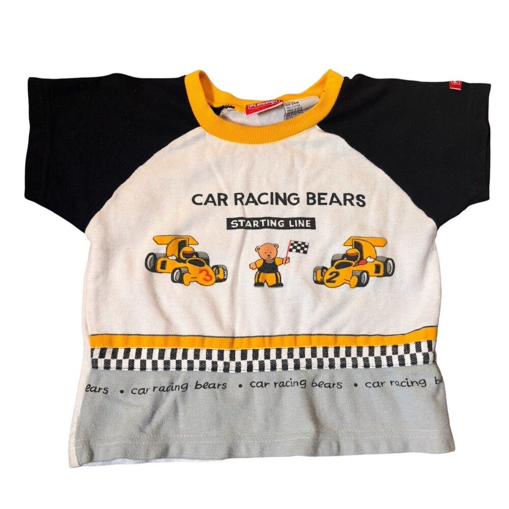 Vtg 90s Playskool Baby Boys 24M Colorblock Racing Bear Shirt Black White Yellow
